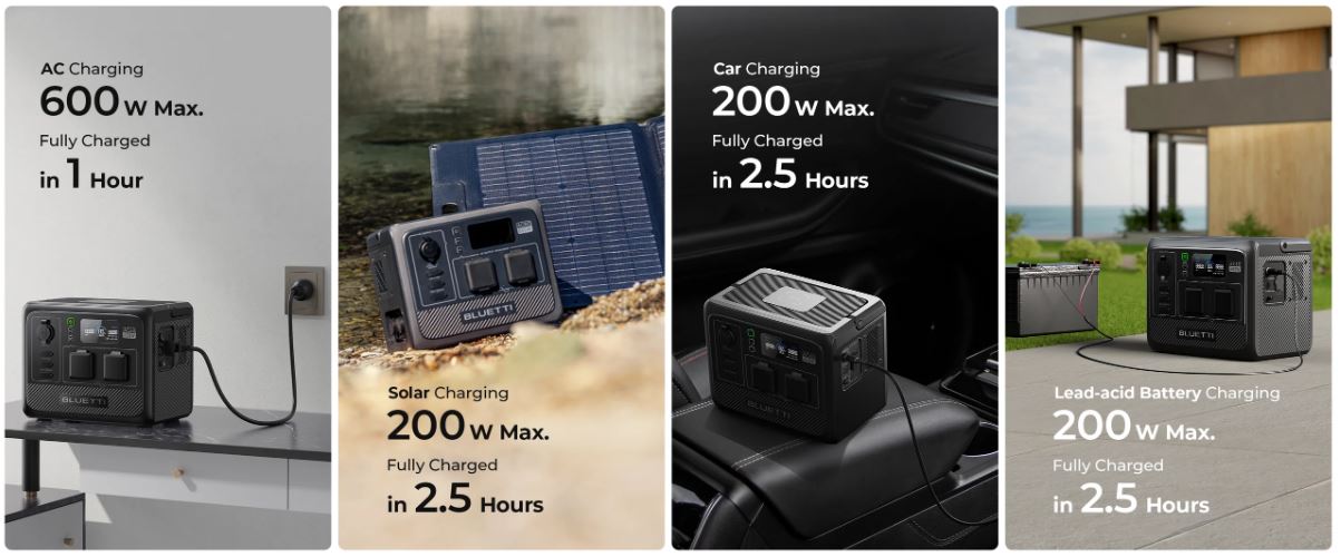 Зарядна станція Bluetti AC60P підтримує чотири способи заряджання: заряджання від адаптера, автомобіля, сонячної батареї або генератора.